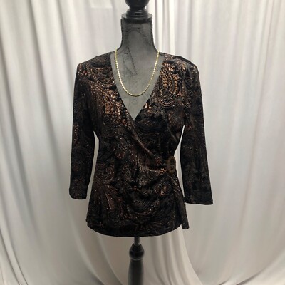 Notations Sparkly Velvet Wrap Top Womens Size Medium Black Copper Paisley V Neck