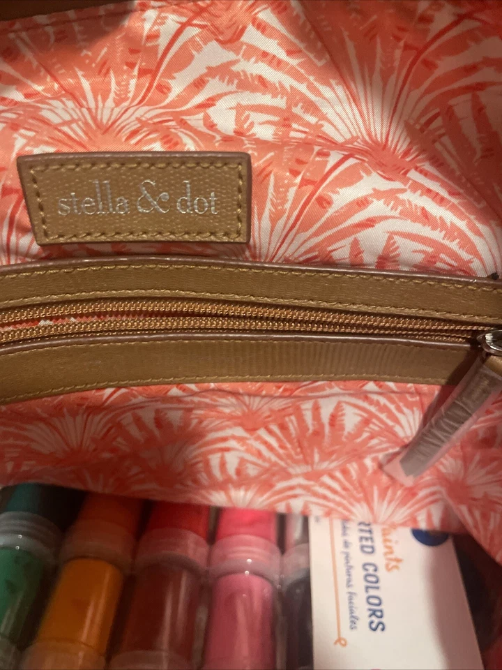 Stella & Dot Pink Flamingo Yellow Silver Hardware Tan Faux Leather Tote Handbag - Image 2 of 4