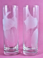 Pair Clear Glass Tall Tumblers Etched Calla Lilies 12 Ounce Highball Iced Tea