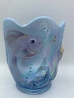 Vtg Fenton Glass Hand Painted Aqua Atlantis Koi Fish Iridescent Vase - Signed!