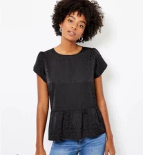 Women’s Loft Solid Black Heart Tulip Sleeve Peplum Short Sleeve Blouse Size M