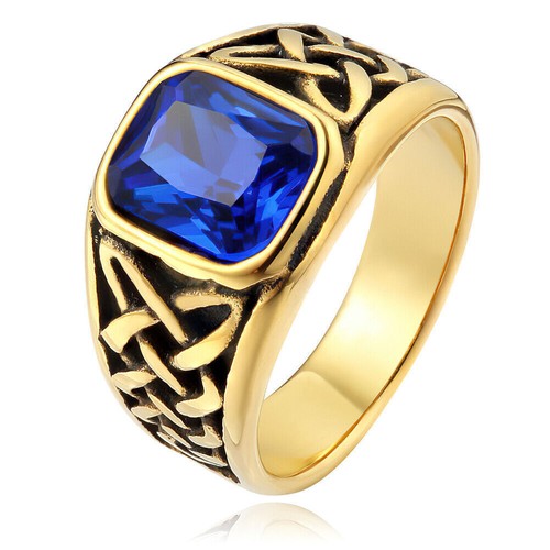 Viking Celtic Nordic Band Gift for Men Women Blue Stone Ring Stainless Steel - Picture 17 of 22