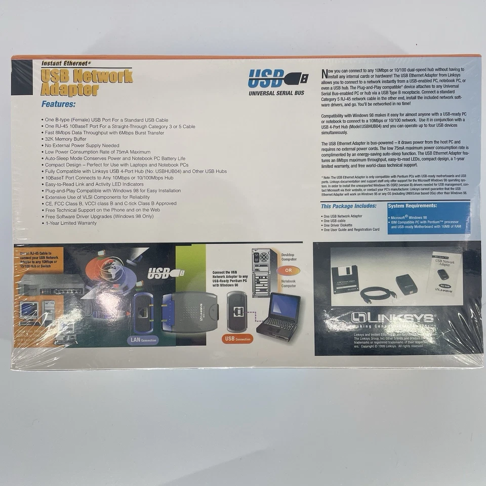 Linksys USB Network Card Adapter For Windows 98 Instant Ethernet Series New - Image 2 of 4