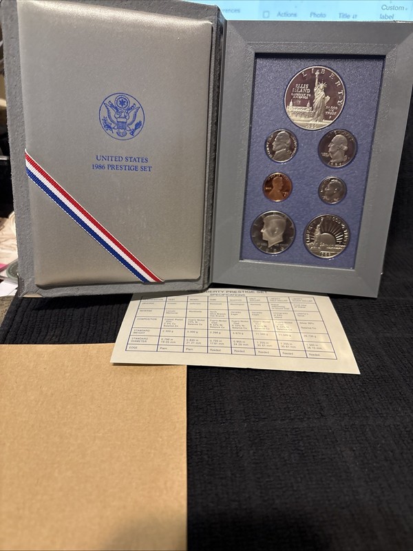 1986-S United States Liberty Prestige Proof Set 90% Silver Dollar  W/COA  & Box