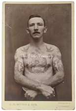 CABINET CARD RARE HEAVILY TATTOOED BRITISH SOLDIER IN INDIA BY MITTRA & SON