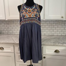 Savanna Jane Dress Womens Large Blue Denim Embroidered Floral Boho Western