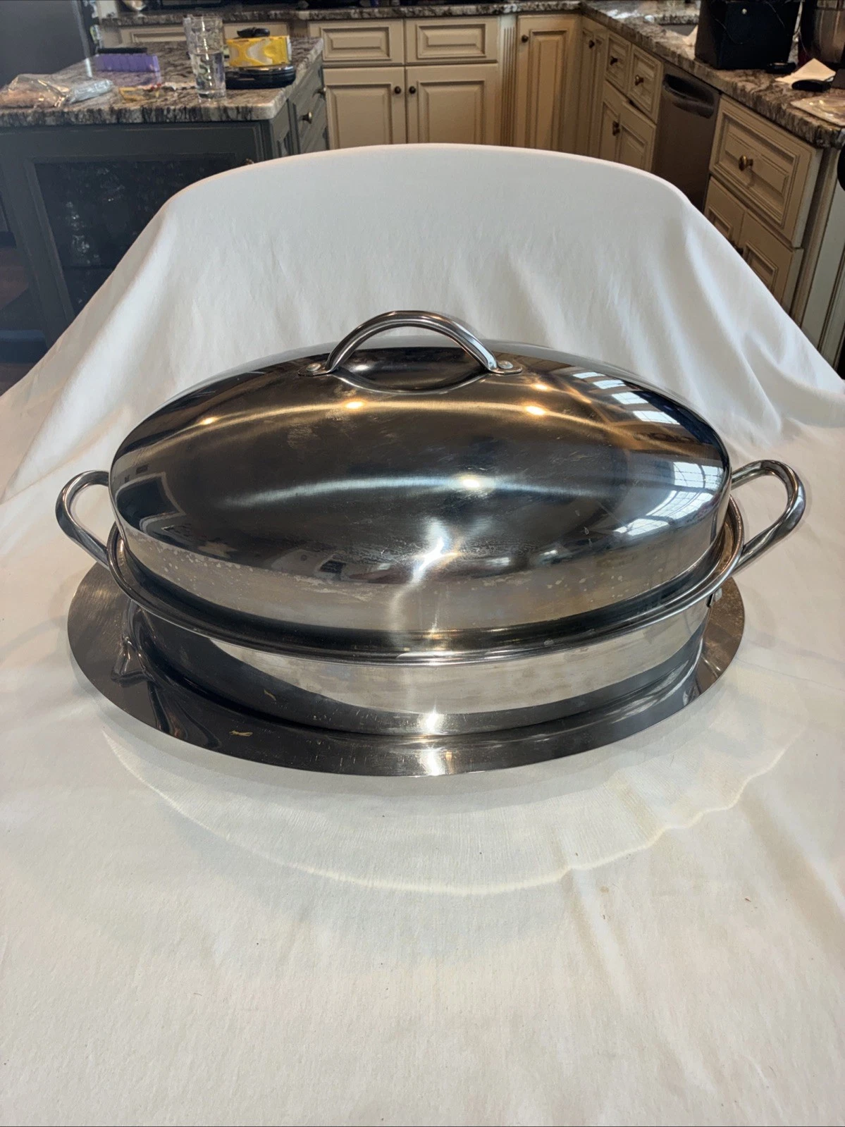 22” Large Roasting Pan w/ Rack and Lid, Stainless Steel Oval Roaster Pan Platter