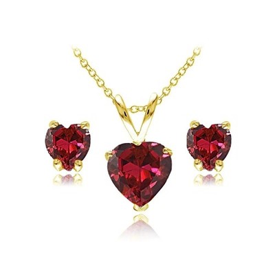 Heart Created Ruby Sapphire Necklace and Earrings Set in Gold Plated Silver