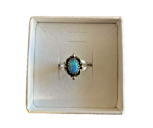 Vintage Blue Opal Ring, 925 Silver