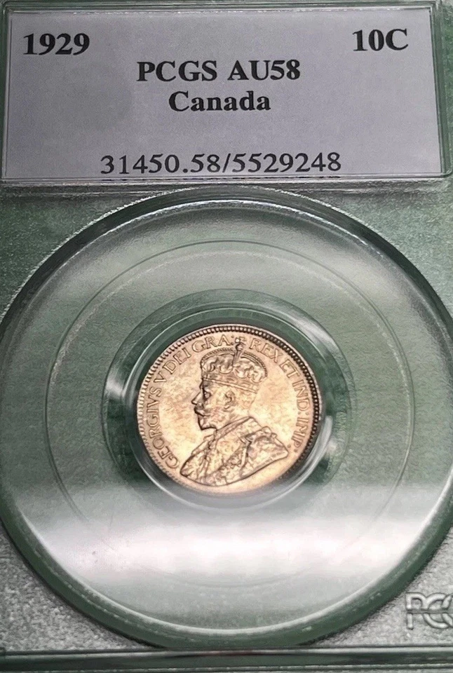 1929 Canada Silver Dime 10C. PCGS AU 58. Pop 14. Only 115 Graded Higher. - Image 2 of 4