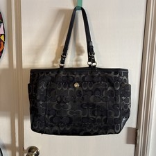 Coach Signature Optic Diaper Bag Tote Black and Grey Leather Trim Pre-Owned
