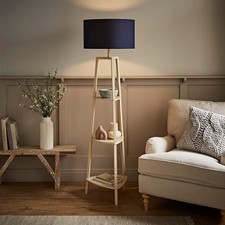 Shelf Floor Lamp Cream Wood Base Fabric Lampshade Standard Living Room Light