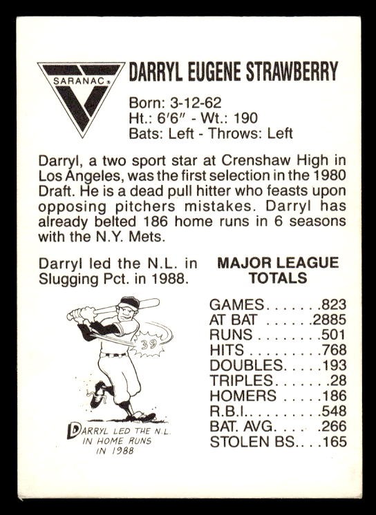 Darryl Strawberry 1989 Saranac Glove #NNO New York Mets Nose Card