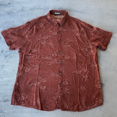 Atlanl Men s Short Sleeve Button Up Burgundy Hawaiian Collar Shirt Large