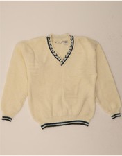 VINTAGE Mens V-Neck Jumper Sweater Medium Off White Acrylic IZ02