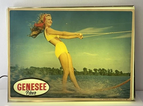 Vintage Genesee Beer Sign Shadow Box Bar Light Woman Water Skiing, WORKS