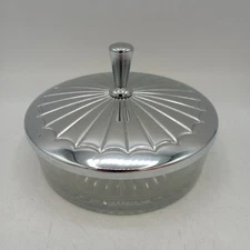 Vintage Round Silver Lidded Powder Dresser Box Glass Candy Dish