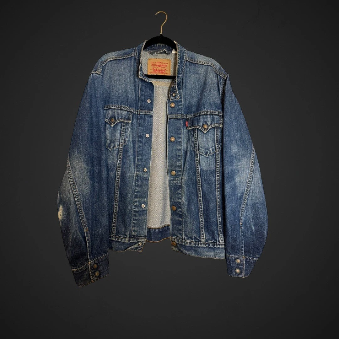 Levis Jacket Mens Large Denim Jean Trucker Biker Easy Rider Band Collar Snap