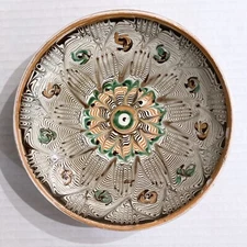 VTG Romanian Horezu Pottery Bowl Abstract Swirl Dish Rustic Boho Retro Folk Art