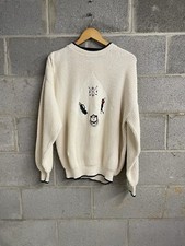 Ivory Crème Knit Golf Sweater With Embroidered Logo Vtg 90s USA Made L