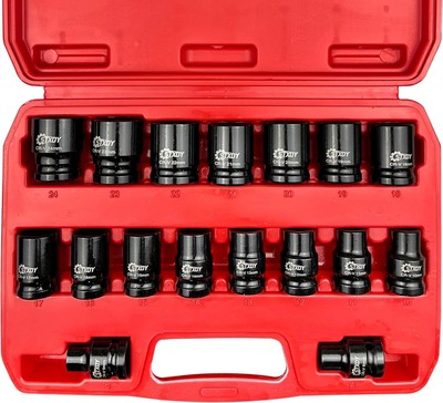 17PCS 1/2  Drive Shallow Impact Socket Set,Metric,6-Point,Cr-V Steel,8-24Mm