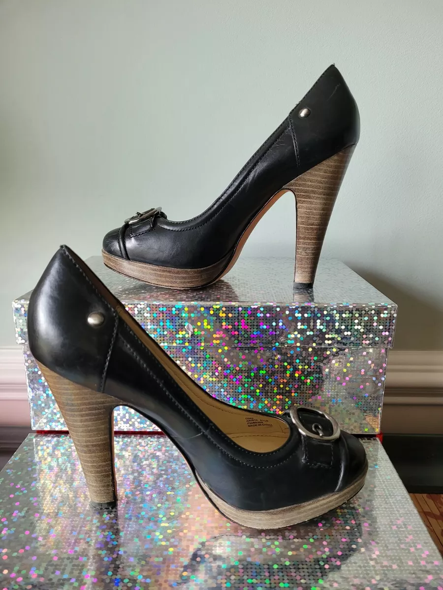 Coach Arista Black Leather Buckle Platform High Heels Shoes Size