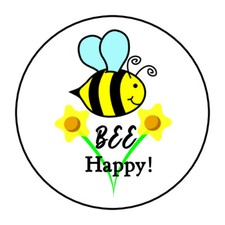 bee happy be happy stickers, labels, tags, envelope seals, bumble bee