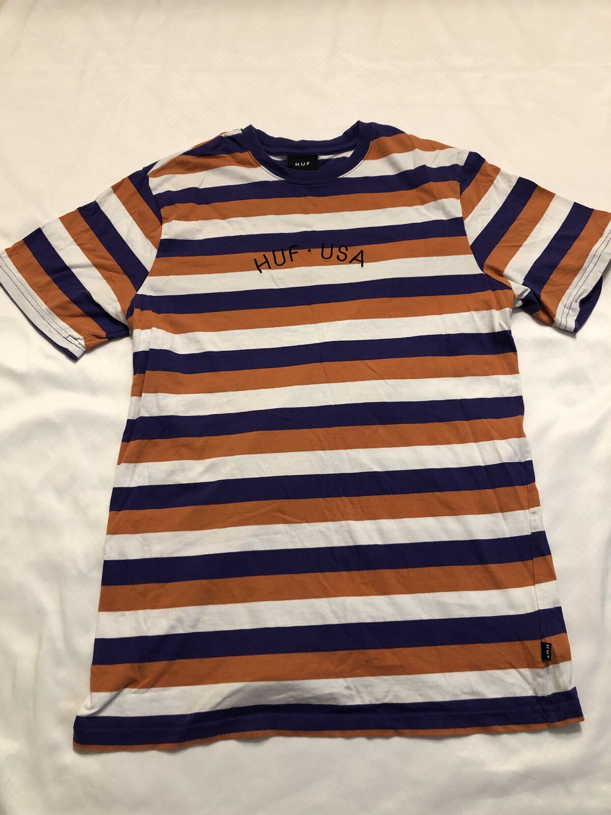 HUF USA Embroidered Logo Striped Tee in Purple Orange White - Size Large