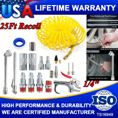 20 ft Recoil Poly Air Compressor Hose Accessories Tool Kit For Various Inflation