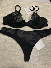 La Perla Macrame Poem 36B S Silk Triangle Bra Thong Set Black $820