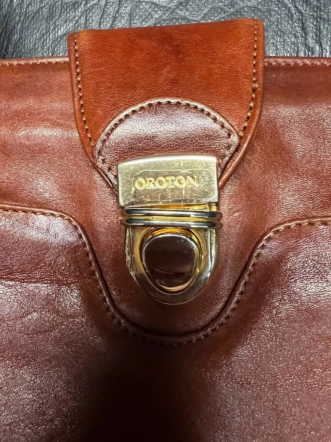 Bolso de Mano Oroton Naranja Marrón Cuero Genuino Cierre Cremallera Correa para el Hombro Foto 2 de 4