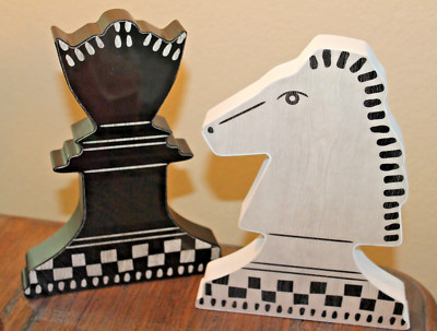 Set of 2 Tall Wooden Chess Game Pieces for Home Decor Queen's Gambit Figurines
