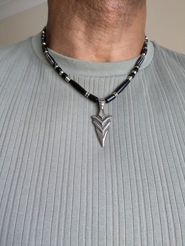 Mens Arrow Head pendant,beaded Necklace,Black & stainless steel Beads,Handmade - Picture 3 of 9