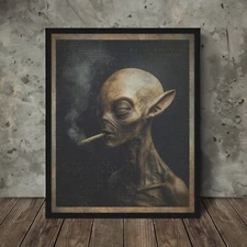 Vintage ALIEN CANNABIS Wall Art, Cryptid 420 Pot Weed Decor, Sci-fi Drug Poster