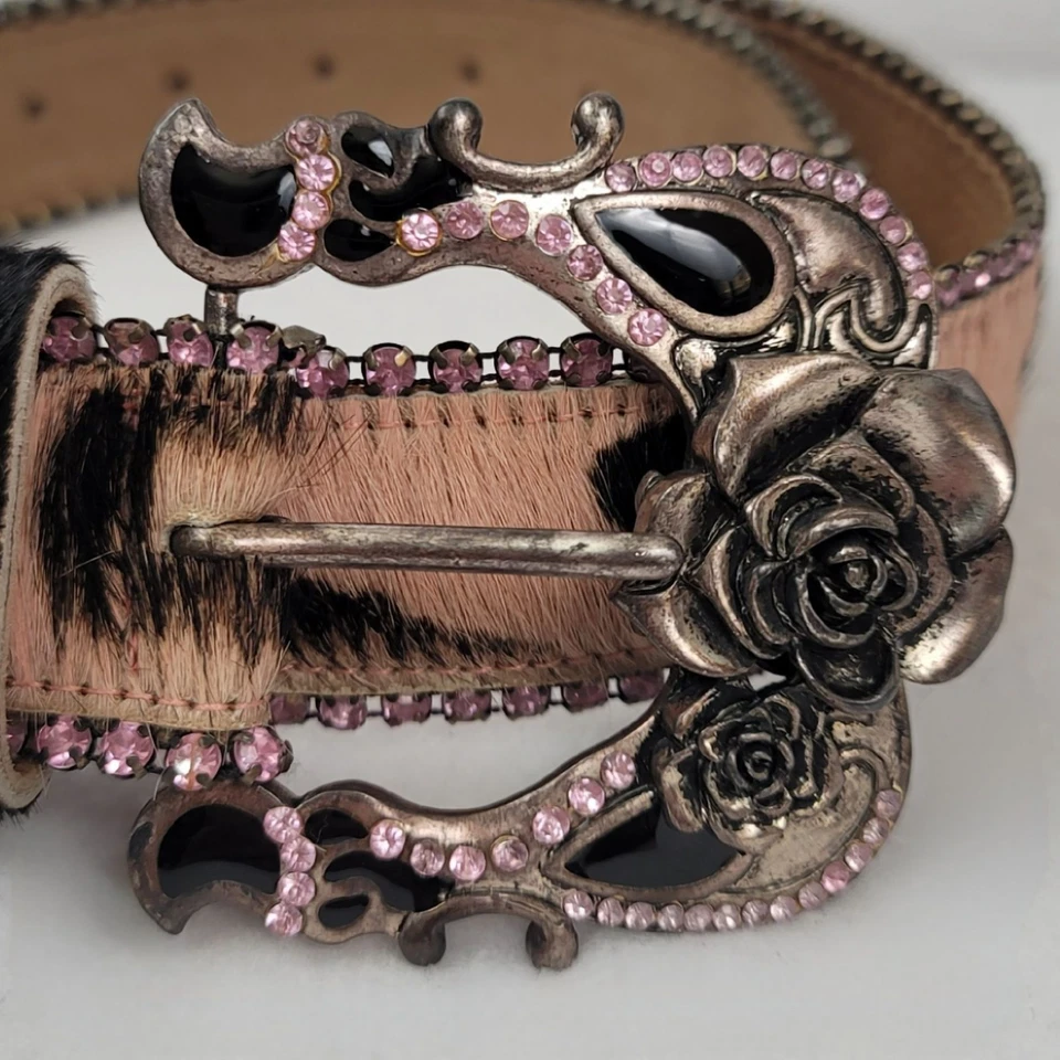 Betsey Johnson Pink/Black Leather Cow Print Western Rhinestone Belt BB179 Small - Image 3 of 4
