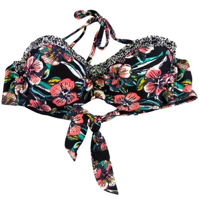 Jette for Venus Swimsuit Top Women's Size DD Floral Ruffle Bikini Top Black