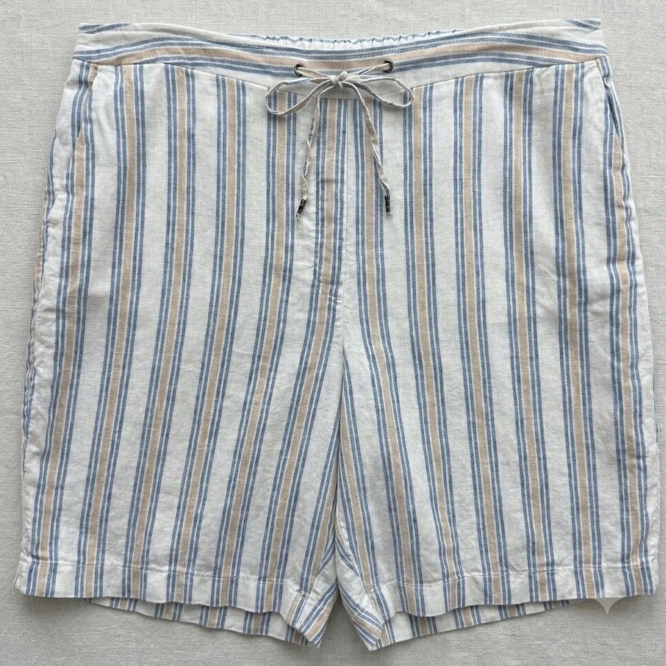 Chico's Linen Shorts Womens 2.5 US 14 Blue Tan Striped Drawstring Coastal Summer