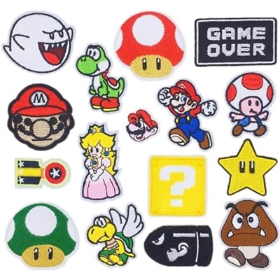 Super Mario Aufnäher Set: 16 Stück -  für Kinderkleidung und Dekorationen