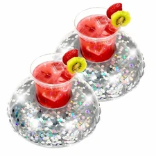 Pool Candy Holographic Glitter Inflatable Drink Floats in Silver (Set of 2)