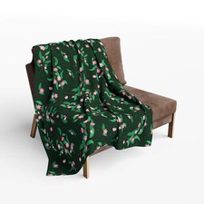 Green Fleece Blanket - Cute Floral Print Pink Flowers and Leaves
