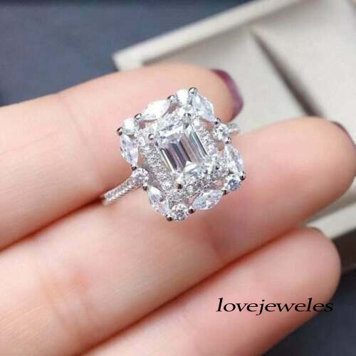 2CT White Emerald Cut Real Moissanite Halo Engagement Wedding 925 Silver Ring - Picture 1 of 6