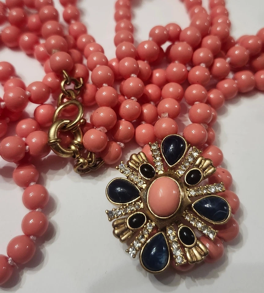 Collar Colgante Flor En Capas Cristal Azul Oscuro Cuentas Coral Firmado J.CREW