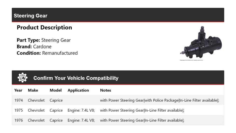 For 1974-1976 Chevrolet Caprice Steering Gear Cardone 1975 - Image 2 of 4