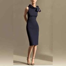 BADGLEY MISCHKA Navy Blue Funnel Tie Neck Stretch Crepe Cocktail Dress 8 = M EUC