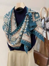 Vintage Print 100% Mulberry Silk Crepe Shawl Neckerchief Oblong Scarf Blue/Beige
