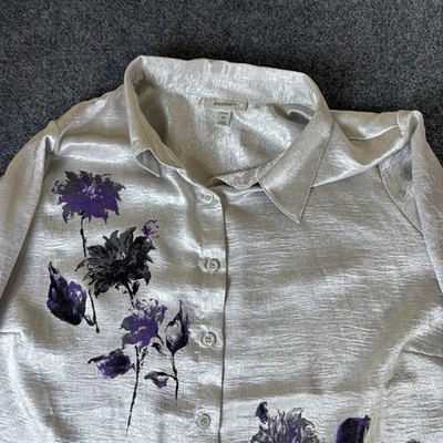 Dressbarn Blouse Top Womens 3X Plus Silver Textured Floral Button Up 3/4 Sleeve