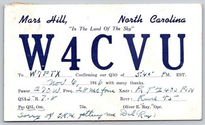 Vintage 1946 Mars Hill NC W4CVU Amateur Radio QSL Card to Montana D440