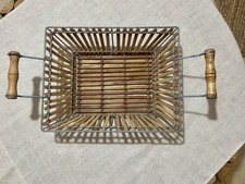 VINTAGE NEW Bamboo Wooden Handled Slat Serving Storage Bread Basket Steel Frame