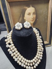 STUNNING 1950s Pearls  Rhinestone DROP Necklace  Clip Earring SET Estate WoW 
