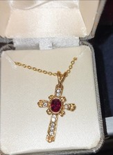 18K Gold Plated Cross Necklace, Ruby Oval Center Stone, Metal Cable Chain